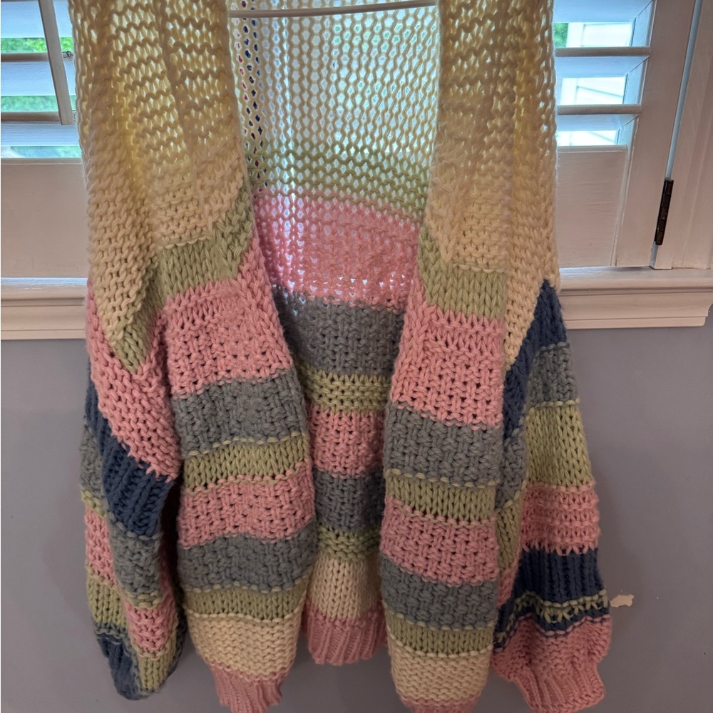 ARULA Pink and Green Chunky Knit Cardigan Sweater